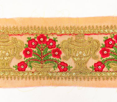 Peach Silk Trim With Floral Embroidery in Red, Green & Antique Gold, Indian Sari Border Trim By Yard Decorative Trim Craft Lace